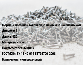 Шуруп с потайной головкой, с шлицем, с наконечником 6х120 сталь белый цинк ГОСТ: ТУ 16 40-014-55798700-2006 универсальный, кг цена от 225.74 Тг / кг, где купить, условия доставки в Шымкенте и Южно-Казахстанской области